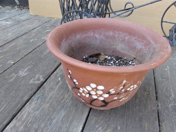 2 METAL DECORATIVE TRICYCLES, ONE WITH POT HOLDER