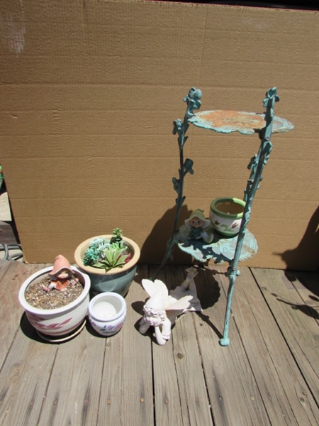 METAL PLANT STAND, POTS & FAIRIES