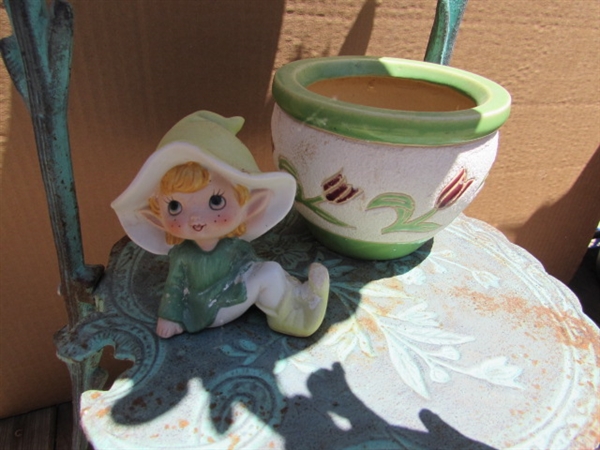 METAL PLANT STAND, POTS & FAIRIES