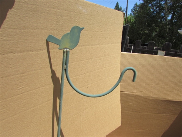ASSORTED OUTDOOR PLANTERS, DECORATIVE STAKES AND PLANT HANGER
