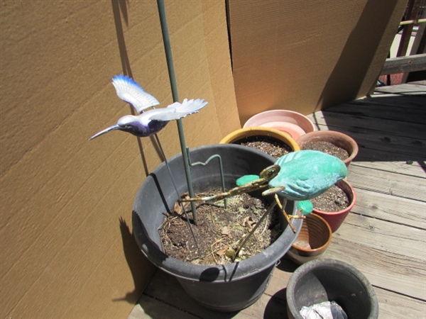 ASSORTED OUTDOOR PLANTERS, DECORATIVE STAKES AND PLANT HANGER