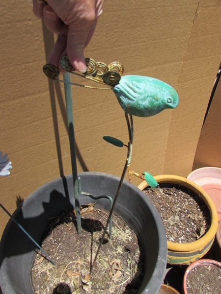 ASSORTED OUTDOOR PLANTERS, DECORATIVE STAKES AND PLANT HANGER