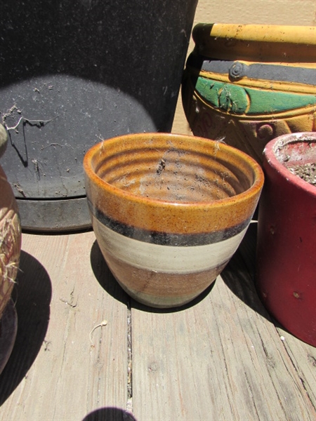 ASSORTED OUTDOOR PLANTERS, DECORATIVE STAKES AND PLANT HANGER