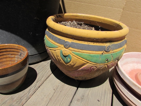 ASSORTED OUTDOOR PLANTERS, DECORATIVE STAKES AND PLANT HANGER