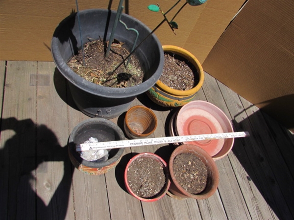 ASSORTED OUTDOOR PLANTERS, DECORATIVE STAKES AND PLANT HANGER