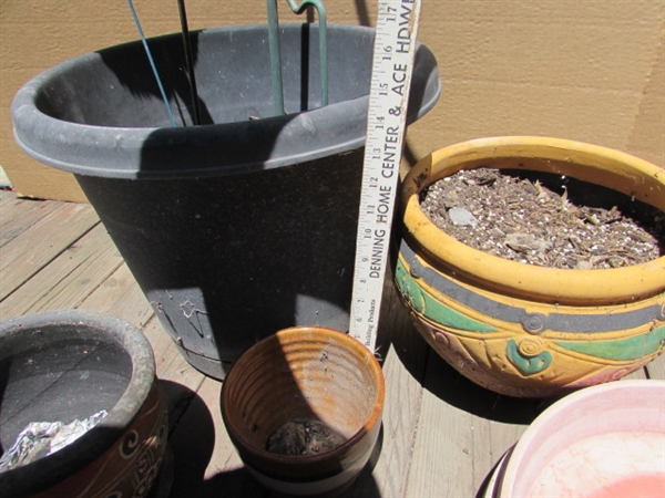 ASSORTED OUTDOOR PLANTERS, DECORATIVE STAKES AND PLANT HANGER