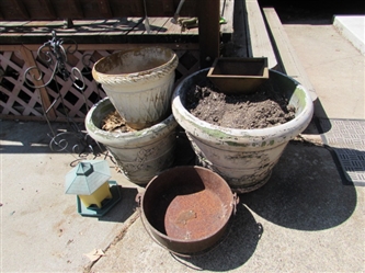 CAST IRON HANGER & ASSORTED POTS