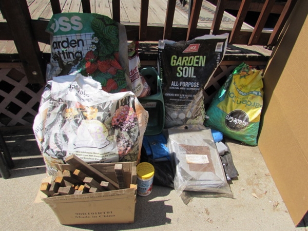 PARTIAL BAGS OF TURF BUILDER, SOIL, GARDEN NETTING,