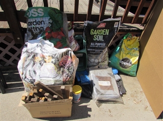PARTIAL BAGS OF TURF BUILDER, SOIL, GARDEN NETTING,