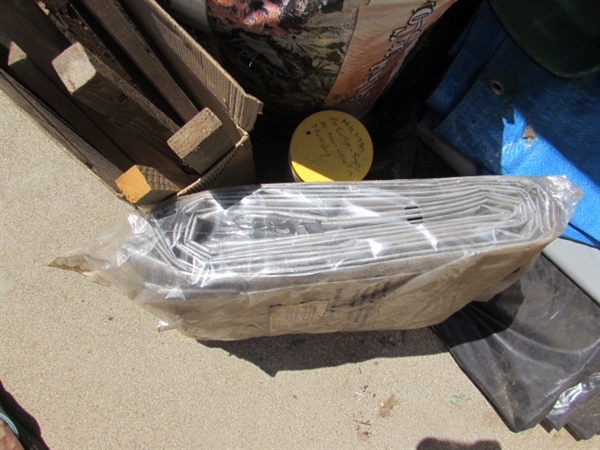 PARTIAL BAGS OF TURF BUILDER, SOIL, GARDEN NETTING,