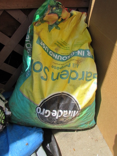 PARTIAL BAGS OF TURF BUILDER, SOIL, GARDEN NETTING,