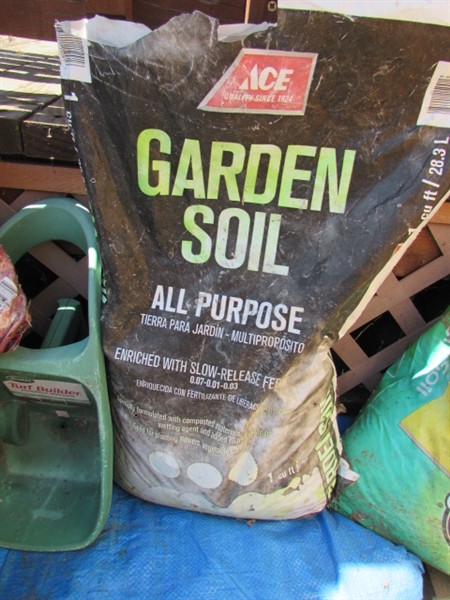 PARTIAL BAGS OF TURF BUILDER, SOIL, GARDEN NETTING,