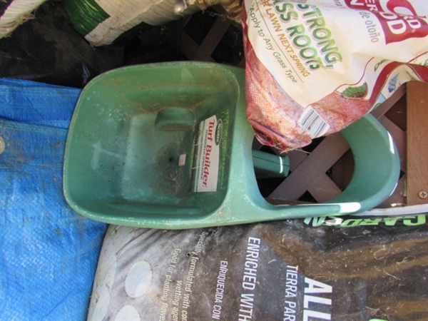 PARTIAL BAGS OF TURF BUILDER, SOIL, GARDEN NETTING,