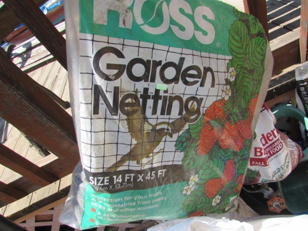 PARTIAL BAGS OF TURF BUILDER, SOIL, GARDEN NETTING,