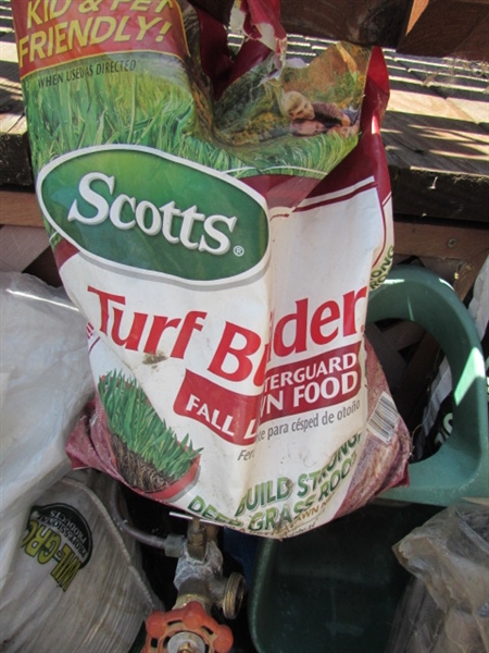 PARTIAL BAGS OF TURF BUILDER, SOIL, GARDEN NETTING,