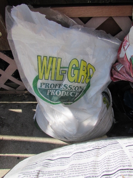 PARTIAL BAGS OF TURF BUILDER, SOIL, GARDEN NETTING,