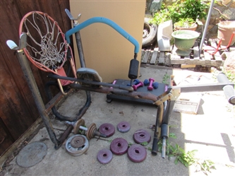 ASSORTED WORKOUT EQUIPMENT, BASKETBALL HOOP RACKET & TENNIS BALLS