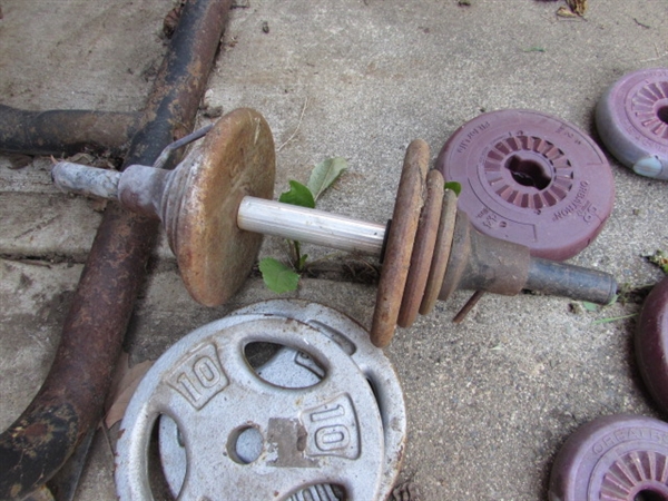 ASSORTED WORKOUT EQUIPMENT, BASKETBALL HOOP RACKET & TENNIS BALLS
