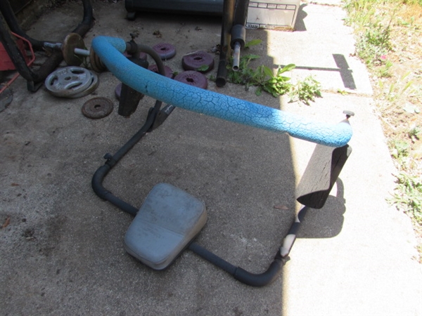 ASSORTED WORKOUT EQUIPMENT, BASKETBALL HOOP RACKET & TENNIS BALLS