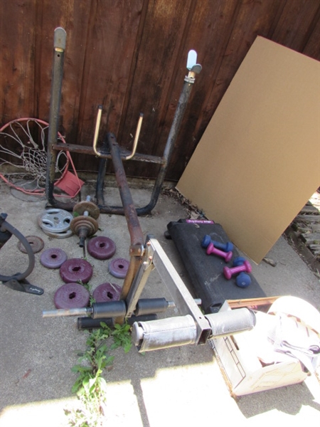 ASSORTED WORKOUT EQUIPMENT, BASKETBALL HOOP RACKET & TENNIS BALLS