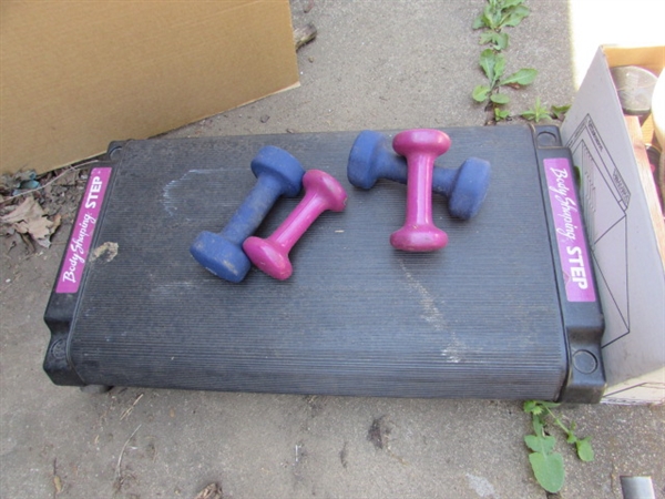 ASSORTED WORKOUT EQUIPMENT, BASKETBALL HOOP RACKET & TENNIS BALLS