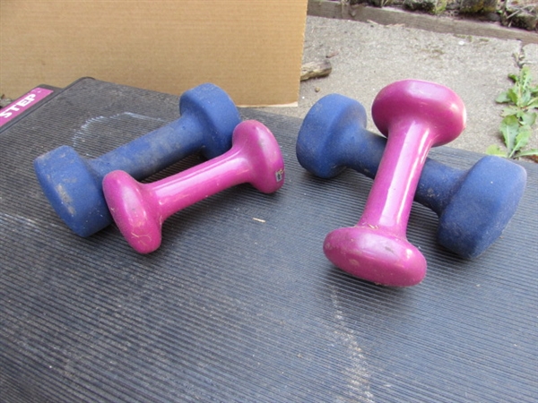 ASSORTED WORKOUT EQUIPMENT, BASKETBALL HOOP RACKET & TENNIS BALLS