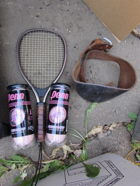 ASSORTED WORKOUT EQUIPMENT, BASKETBALL HOOP RACKET & TENNIS BALLS